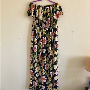 Pink and Yellow Ruffled Off-Shoulder Maxi Dress